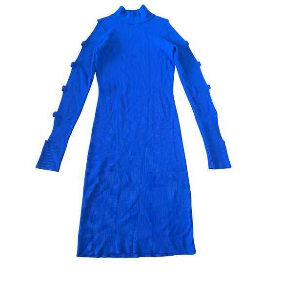 Bebe XS Royal Blue Cold Shoulder Knit Dress With Cutout Sleeves & Ribbed Texture - Picture 2 of 8